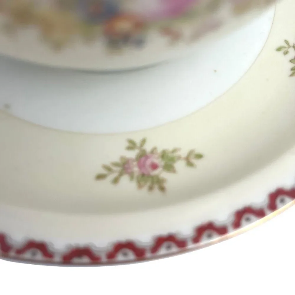 Vintage Occupied Japan Gravy Boat Attached Plate Hand Painted Double Pour